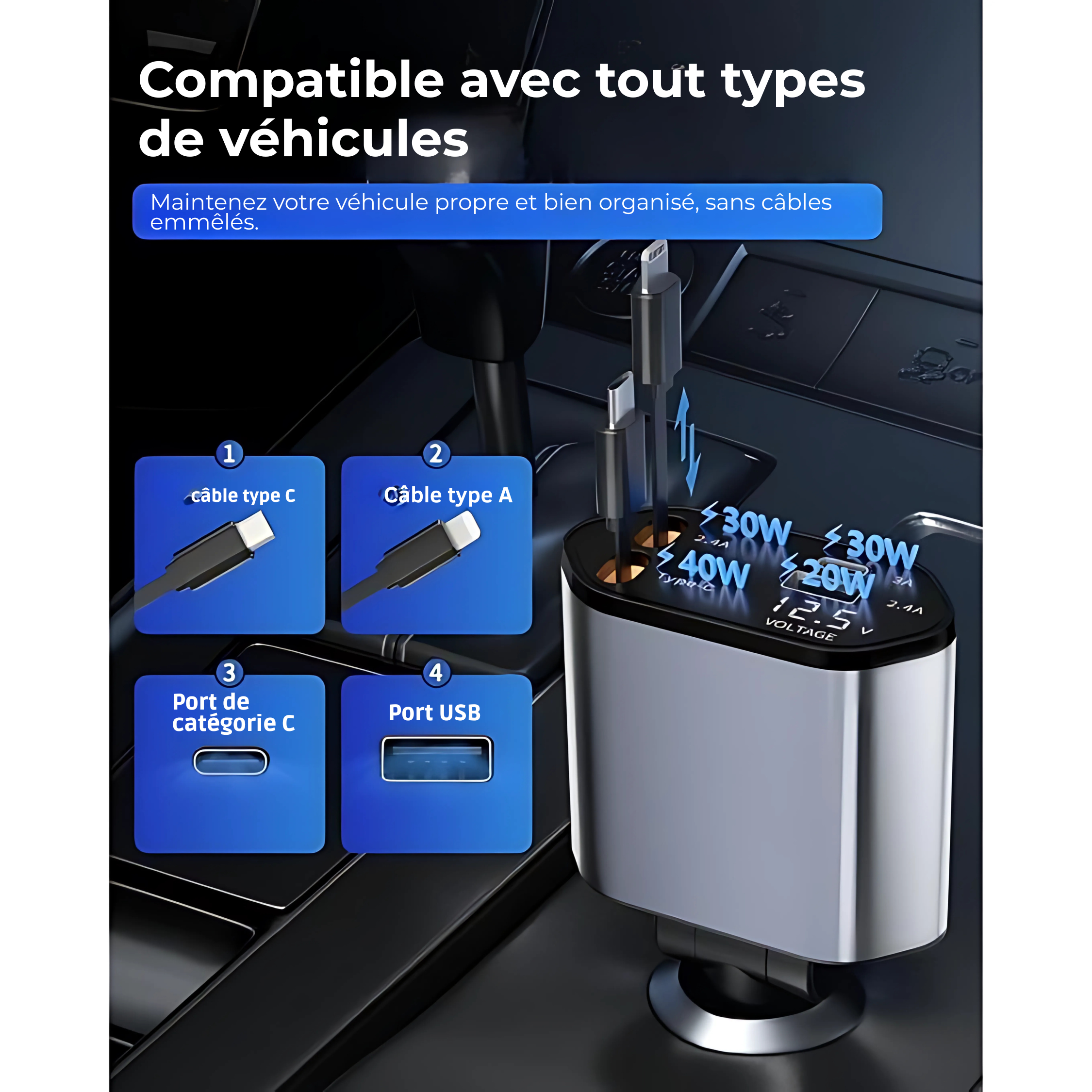 CHAGEUR POUR VOITURE 4 EN 1 ULTRA RAPIDE